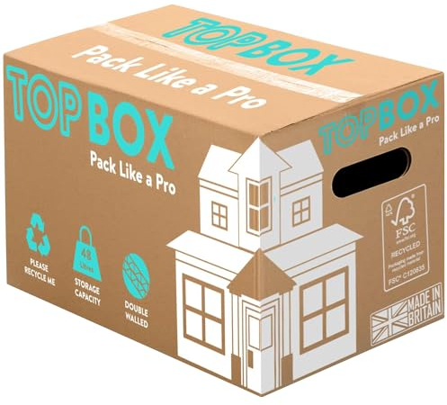 TOPBOX 10 Large Strong Moving Boxes 48L – Double Walled Cardboard Packing Boxes for Moving House | 53 x 30 x 30 cm | Recyclable House Moving Box with Handles, Room Tick List for Storage & Shipping