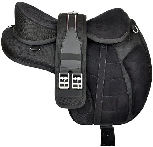 Sazaar Tack Selle de Cheval synthétique Freemax sans Arbre, avec Sangle Assortie et Paire d'étriers en Aluminium ST-001 (16 Seat)
