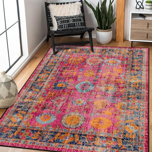 Jiyuhang Maschinenwaschbare Teppiche für Wohnzimmer, großer Vintage-Teppich für Schlafzimmer, Kurzflor-Teppich, traditionell, weich, orientalisch, für Küche, Esszimmer, Mehrfarbig, Rosa, 120 x 170 cm
