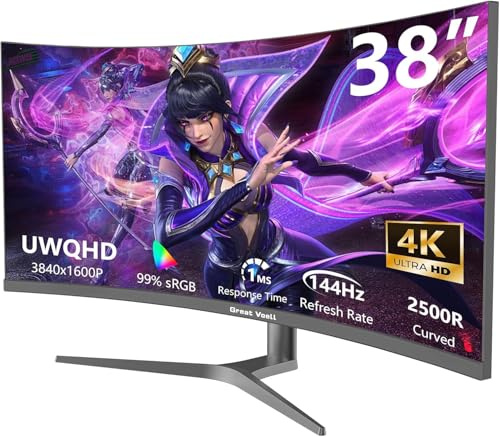 Great voell 38 pollici curvo Ultrawide Computer Gaming Monitor 4k 144Hz UWQHD 3840x1600, base di sollevamento, 2500R -PIP, 1ms (MPRT), HDR, sRGB 99%, FreeSync, HDMI+ DP, Eye Care, VESA