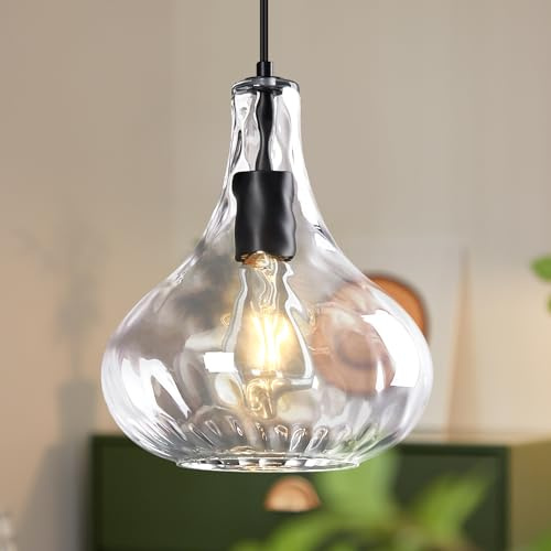 ZYBWL Lampada sospensione in vetro trasparente 1 Fiamma Metallo Nero Lampada sospensione Cucina Altezza regolabile Moderno Lampadario per Camera letto Tavolo pranzo Sala pranzo Presa E27 Ø 24 cm