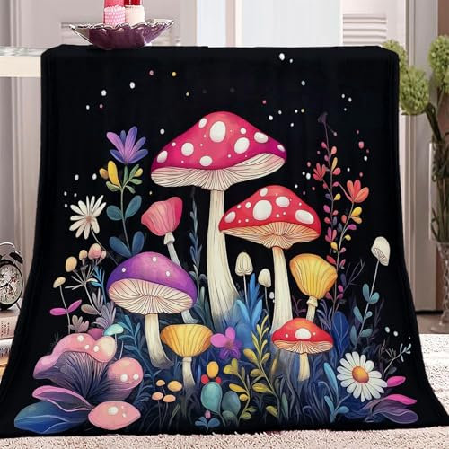 Kuscheldecke Schwarz Flanell Fleece Druckdecke Fantasie Pilze Und Blumen Muster Warm Decke für Jungen Mädchen Baby Kinder Weiche Sofadecke 150 x 200 cm Tages Wohn Decke