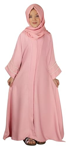 FYMNSI Muslim Dress for Girls, Eid Dresses for Girls, Islamic Kids Prayer Outfits Chiffon V-Neck Maxi Long Dress Abaya One-Piece Kaftan Ramadan Robe with Hijab Middle East Dubai Eid Pink 11-12 Years
