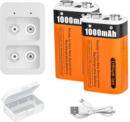 Batterie Ricaricabili Al Litio da 9V Batteria PP3 Ricaricabile 1000mAh (9000mWh) con Caricabatterie e Cavo USB per Rilevatore di Fumo, Multimetro, Telecomando, Chitarra Elettrica (2 Pcs)