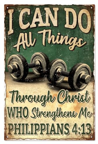 WADORN Insegna In Metallo Vintage Da Palestra, 20x30cm Posso Fare Ogni Cosa In Cristo Che Mi Rafforza, Citazione Motivazionale, Cartello Da Parete Retrò con Bilanciere, Poster In Metallo