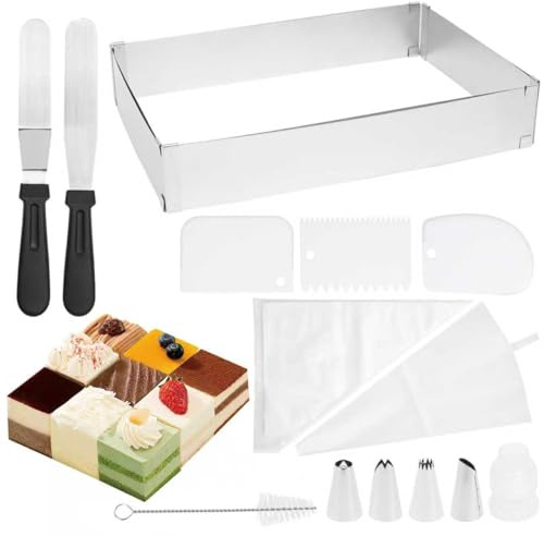 RUACDIQ Cadre Patisserie Rectangulaire, Cadre Patisserie Extensible avec 2 Spatule & Douille Patisserie Réglable Moule Gateau Carré pour petits et grands gâteaux et tartes