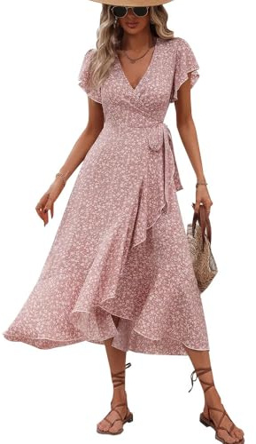 XFSRG Vestito Donna Stampa Floreale Scollo a V Maniche Corte Estivo Elegante Boho Maxi Abito da Festa Casual(Rosa/XL)