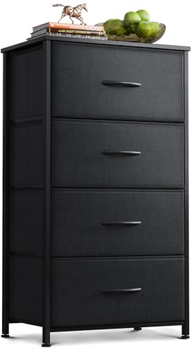 Coleshome Tall Chest of Drawers Bedroom, Small and Narrow Drawers with 4 Fabric Drawers, Wooden Top, Sturdy Steel Frame, Suitable for Bedroom and Living Room, 40 x 30 x 80 cm, Black