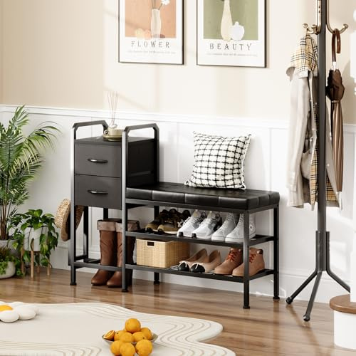 MUTUN Shoe Bench with Cushion, Storage Bench with Padded Seat, 2 Drawer and Open Compartments, for Entryway, Hallway, Living Room, Black