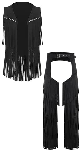 CHICTRY Men Adult Tiered Tassel Vest And Chaps 2-piece Set Bottomless Leggings Cowboy Outfit Black L