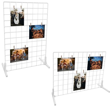 2 Sets Grid Wall Countertop Decorative Panel for Photo Display, Tabletop & Wall Mounted Display Wire Gridwall with T-Base, Mini Wood Clips & Adhesive Hooks for Shows Retail Crafts Artistic Drawings