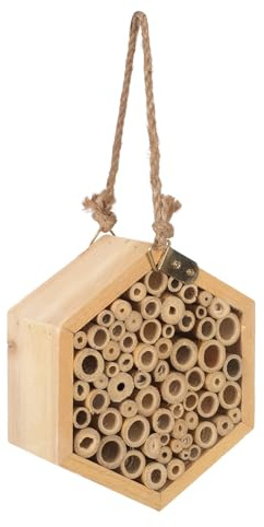 HOMSFOU Casa de Madera Hexagonal para Abejas y Pájaros, Refugio Exterior Creativo Amplio Alimento, Decoración Elegante para Jardín al Aire Libre