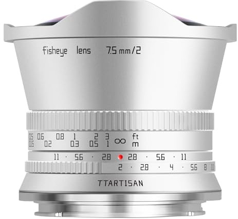 TTARTISAN 7,5 mm F2 Fisheye-objektiv för APS-C-kamera med ultravidvinkel manuellt fokus, silver (för Fuji X)