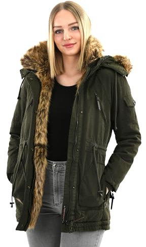 Navahoo warme Damen Winter Jacke Parka lang Mantel Winterjacke Fell Kragen B380 [B380-Daria-Grün-Gr.L]