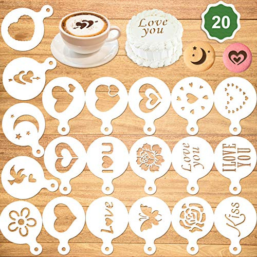 Konsait 20Pack Valentine's Day Cake Stencil Templates Decoration, Reusable Valentine Day Cake Cookies Baking Painting Mold Tools, for Decorating Dessert Coffee Oatmeal Cappuccino Mousse Hot Chocolate