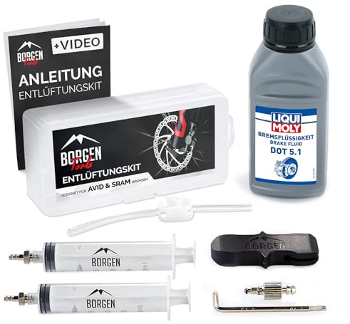 Borgen Entlüftungsset für Avid Sram Scheibenbremsen - Bremsen entlüften für Avid Elixir UVM. - Inkl. 250ml DOT 5.1 Bremsflüssigkeit für Sram - Entlüftungskit für hydraulische Scheibenbremsen