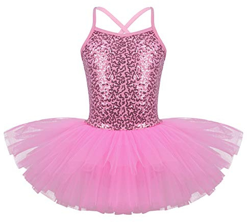 Oyolan Vestido de Danza Ballet Niña Princesa Vestido Tutu Lentejuelas Espalda Cruzada Traje Ropa de Baile Maillot Monos de Danza Clásica Traje de Bailarina Rosa 4-5 años