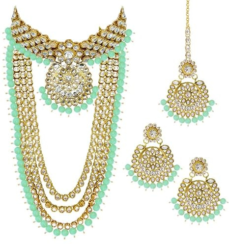 Aheli Wedding Designer Faux Kundan Beaded Indian Heavy Bridal Set Long Choker Necklace Earrings with Maang Tikka Traditional Jewelry for Women (Mint)