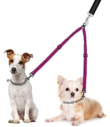 Nasjac Dubbelt hundkoppel koppel, inget trassel dubbel blydelare 360° vridbar rotation reflekterande justerbar längd två hundkoppling, bekväm stötdämpande bungee för hundar som går