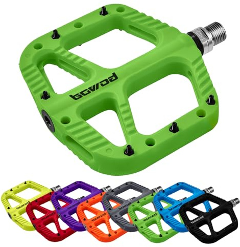 BOWOD Light MTB Bike Pedals Flat BMX Pedal, Gravel Mountain Bike Pedals, Large Nylon Fiber Platform Pedal w 9/16 Axel 2 Bearings, Clipless Pedal Grippy w 12 Pins, Composite Pedals for BMX MT Bike
