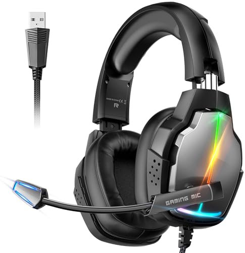 Foyose Gaming Headset for PC-Wired Headphones with Microphone-7.1 Surround Sound Computer USB Headset for Laptop