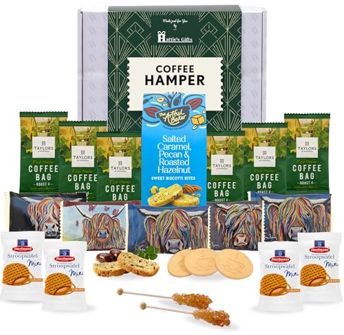 Hattie’s Gifts Coffee Hamper with Chocolate Shortbread, Stroopwafels & Swizzle Sticks - Coffee Gifts for Men & Women, Luxury Christmas Food Hamper, Birthdays & Celebrations