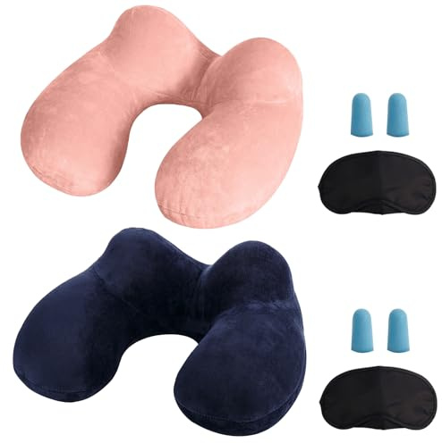 LUZWAY Cuscino da Viaggio Gonfiabile Cervicale Collo Cuscini di Supporto Travel Pillow con Federa Lavabile, Tappi per Le Orecchie, Maschera, per Viaggi Aereo Auto Treno Ufficio
