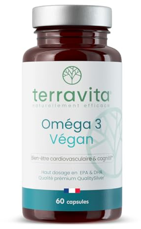 Oméga 3 Vegan | Huile Brevetée OmegaVie® issue de la microalgue Schizochytrium | 250 mg de DHA et 125 mg d’EPA par Capsule | Garantie sans Métaux Lourds | 60 Capsules | Made in France | Terravita