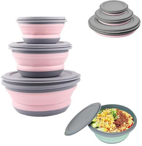 CTForest Set di 3 Ciotole Pieghevoli, Contenitori per Alimenti in Silicone, Ciotola Insalatiera Da Viaggio Pieghevole, Ideali per l'escursionismo in Campeggio(Rosa)