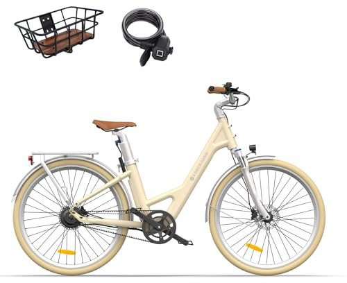 ADO Air28Pro 28 Vélo électrique Urbain, Ebike Adulte, Moteur BAFANG, Entraînement par Courroie, Mode ECO et Mode Sport, LCD, APP, Batterie Amovible au Lithium 36 V 9,6 Ah, Autonomie de 100 km (Jaune)
