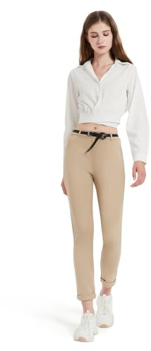 GLOWELFA Pantalon Femme Taille Haute Chic et Élégant Coupe Cigarette Ajustée pour Le Travail et Le Bureau