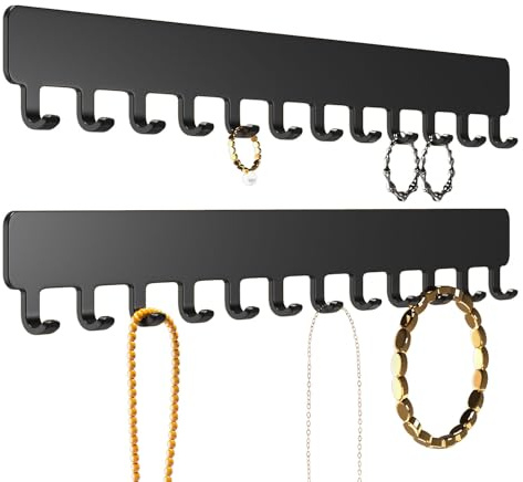 Josmimic Wall Mounted Necklace Holder - Adhesive Jewellery Hooks for Necklaces, Bracelets, and Rings - Easy Installation Metal Hanger Organiser, Black