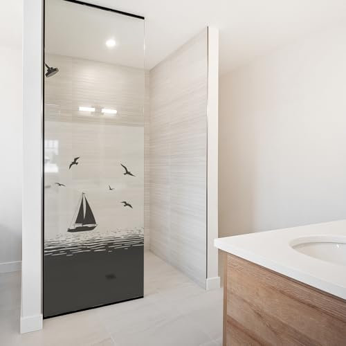 yabaduu Film anti-regards, pour cabine de douche, voilier, porte de douche, en verre dépoli, motif de mer, de vagues, imperméable, film décoratif YX001-12 (noir, 80 x 120 cm)