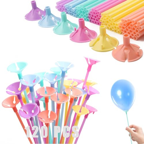 120 Pcs Balloon Sticks and Holders 32cm Reusable Balloon Stick with Cups | HXC Reusable Plastic Balloon Holder Ballon Sticks for Wedding Birthday Holidays Anniversary Party Decor, Coloured