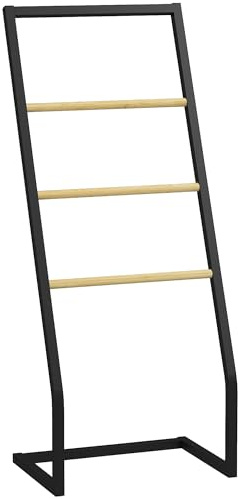 HOMCOM Toallero de Pie Toallero para Baño con 4 Barras de Bambú y Acero para Lavadero 40,5x28x98 cm Negro y Natural