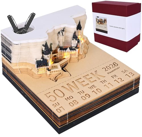 Blocco note 3D: blocco note 2026 calendario da tavolo, calendario 3D strappare calendario 2026, blocco note 3D Magic Castle settimanale con luce e portapenne, scultura di carta creativa, regalo fai da