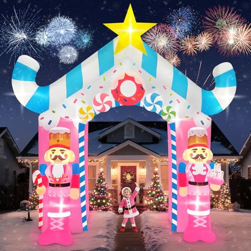 Kalolary 12FT Navidad Arco inflable, Arco inflable azul y rosa con soldados para decoración exterior, Feliz Navidad Gigante inflable con luces incorporadas para decoración navideña de jardín y césped.