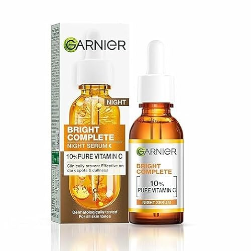 Skin Natural Garneir's Bright Complete Night Vitamin C Serum 15ml | 10% Pure Vitamin C for Brighter Skin | Night Serum PM Routine | Reduces Dark Spots & Dullness | Dermatologically Tested