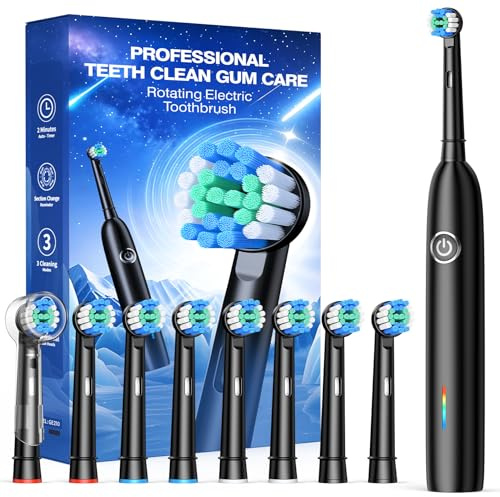 Teeaegis Rotating Electric Toothbrush with 8 Brush Heads for Adults and Kids, 3 Modes Rechargeable Power Toothbrush with 2-Minute Smart Timer, 45-Day Battery Life