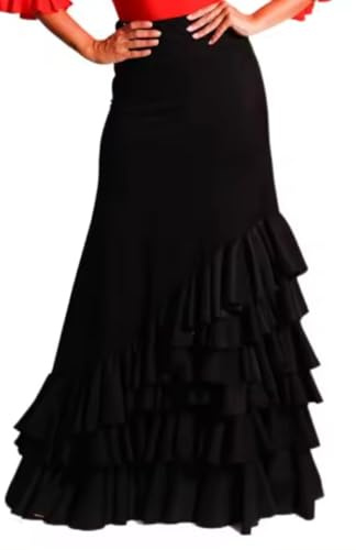 FLAMENKA ROCIERA Falda Flamenca de Ensayo, 5 Volantes, Poliéster Elástico, Cintura Alta, Negro, Largo hasta Tobillo, Estilo Tradicional, para Baile y Danza Española (FR/ES, Letras, XL, Negro)