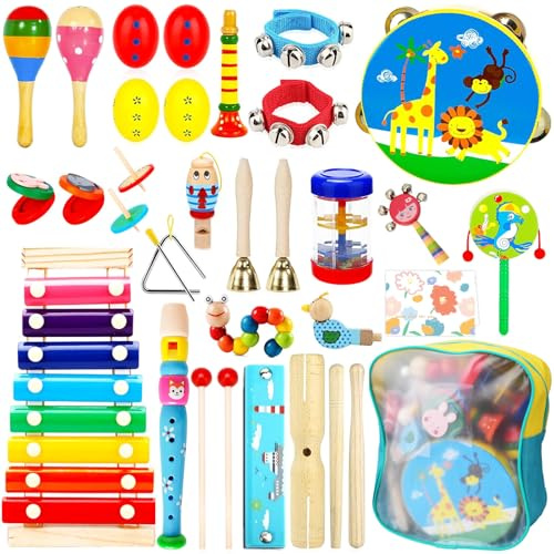 JOTOL 34 Pezzi Strumenti Musicali Bambini,Percussioni per Bambini con Zaino,Percussioni per Bambini con Borsa,Strumenti Musicali Percussioni Giocattolos in Legno,Strumenti Musicali Montessori