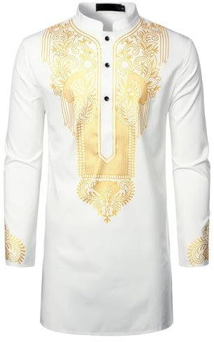 Men's Short Dashiki Shirt Foil Print Long Sleeve Button Down Henley Robe