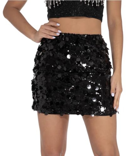Pleyihe Sequin Skirt for Women Sexy Bodycon Mini Skirt Stretchy Glitter Short Skirs High Waist Half Dress for Party Club Nightlife Date