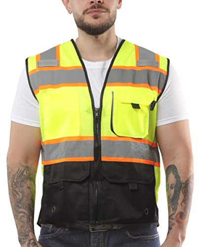 Kolossus High Visibility Safety Vest Front Pockets Silver Orange Reflective Tape for Men Black Bottom Class 2 ANSI/ISEA Yellow-Black Medium