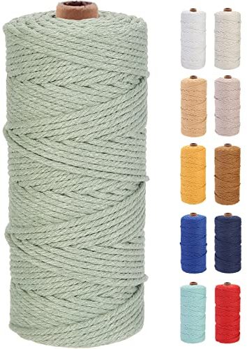 GOHOF Macrame Cord 3mm x 100m Premium Cotton Macrame Rope, 4 Strand Twisted Soft Cotton Cord, One of The Most Perfect Materials for Macrame Art, Cotton String Without Chemicals (Pea Green)