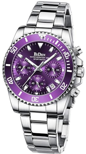 Women Elegant Chronograph Rotatable Bezel Mineral Glass Luminous Watch Stainless Steel Waterproof Date Analog Quartz Watch Fashion Business Dress Wristwatch (Silver Purple)