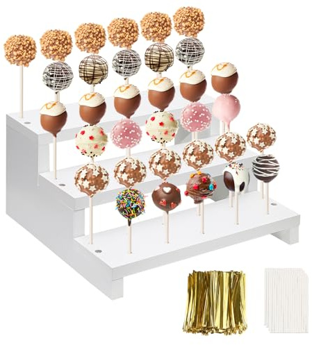 KHayRovies Cake Pop Ständer, Verkaufsständer Lollipop-Halter mit Twist Ties Lollipop Sticks, Holz 3-stufig 33 Löcher Lutscher Ständer Desserttisch, Hochzeit, Geburtstagsparty - weiß (A)