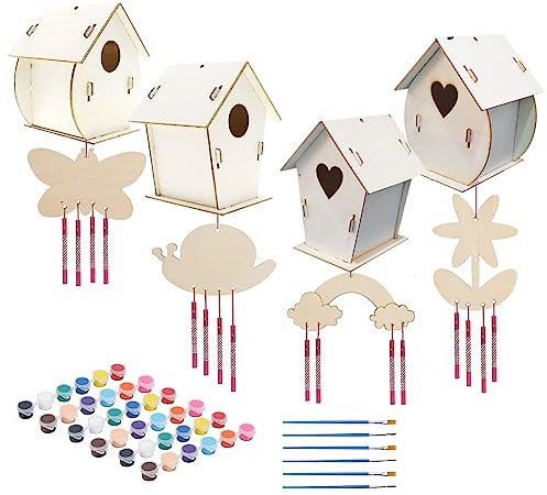 Dasing 4 Pack DIY Birdhouse Kit with Wind Chime Bird House Wind Chime Kits Wooden Arts and Crafts for Kid to Build and Paint for Children