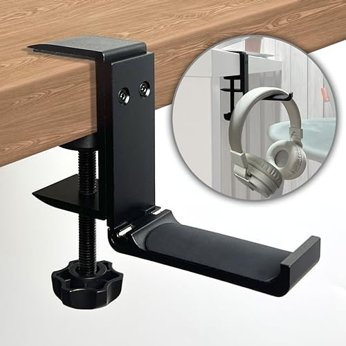 MyGadget hörlurshållare [90 grader roterbar] - hopfällbart headsetställ av metall - universalhållare för vertikal eller horisontell montering - svart