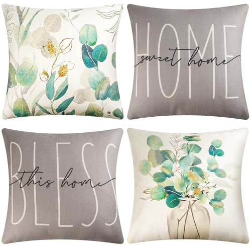 KOUGAS Kissenbezug 40x40 cm 4er Set Dekokissen Kissenbezüge Dekoration Outdoor Kissenbezüge Leinen Dekokissen für Schlafzimmer, Sofa, Stuhl, Bett Bedruckte(grau Grün)